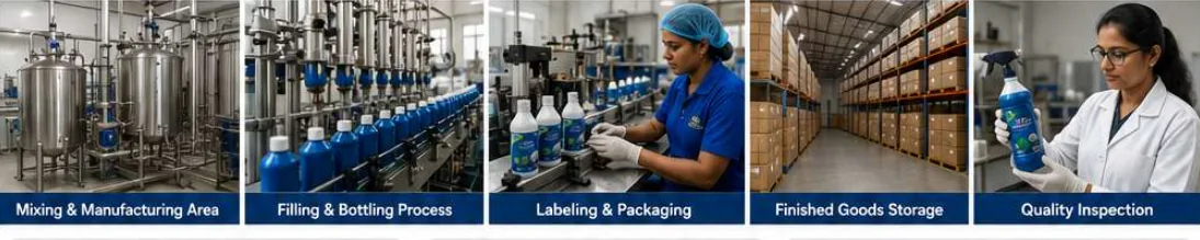 Mixing, filling, labelling, storage and quality inspection visuals from the Holistic Healthcares profile