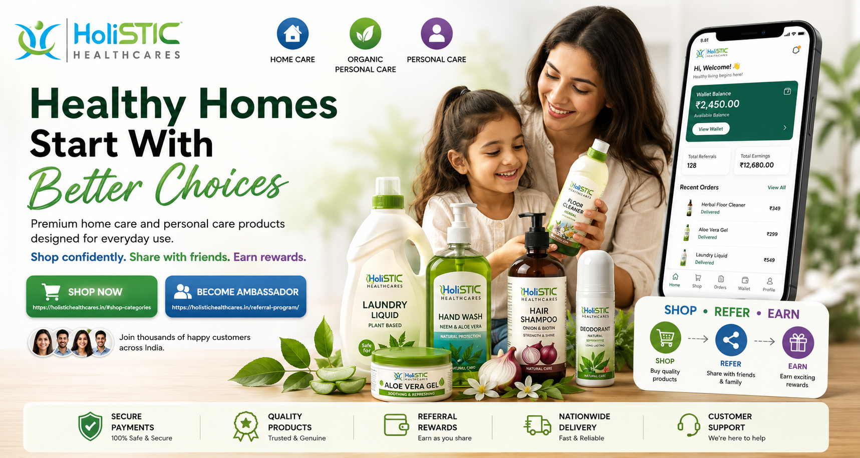 Mother and child with Holistic Healthcares products and reward wallet